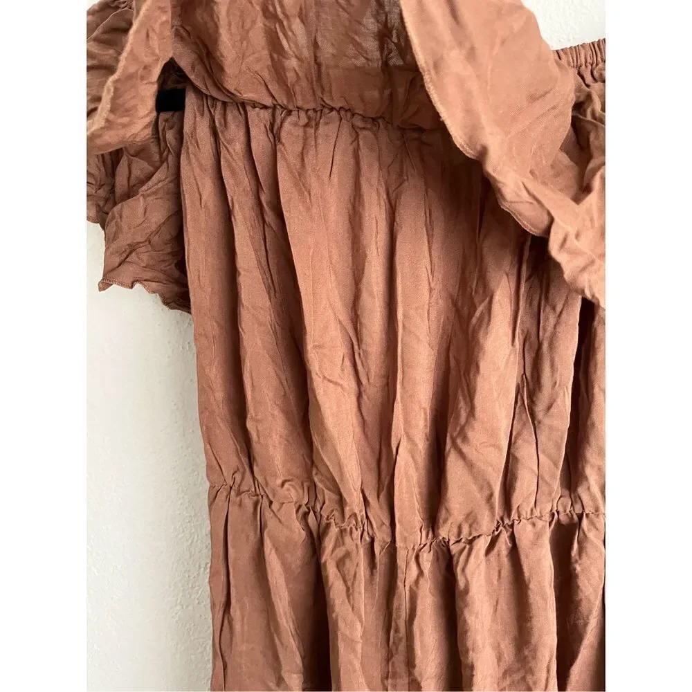 Coeur de Vague Woman Brown Ruffle Crop Off Shoulder Jumpsuit , Size Large